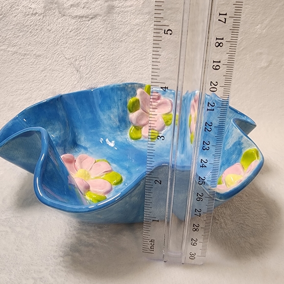 Handmade Ceramic Dish Glazed Blue with Pink Flowers 7" Unique Wavy Edge Bowl - Picture 6 of 14